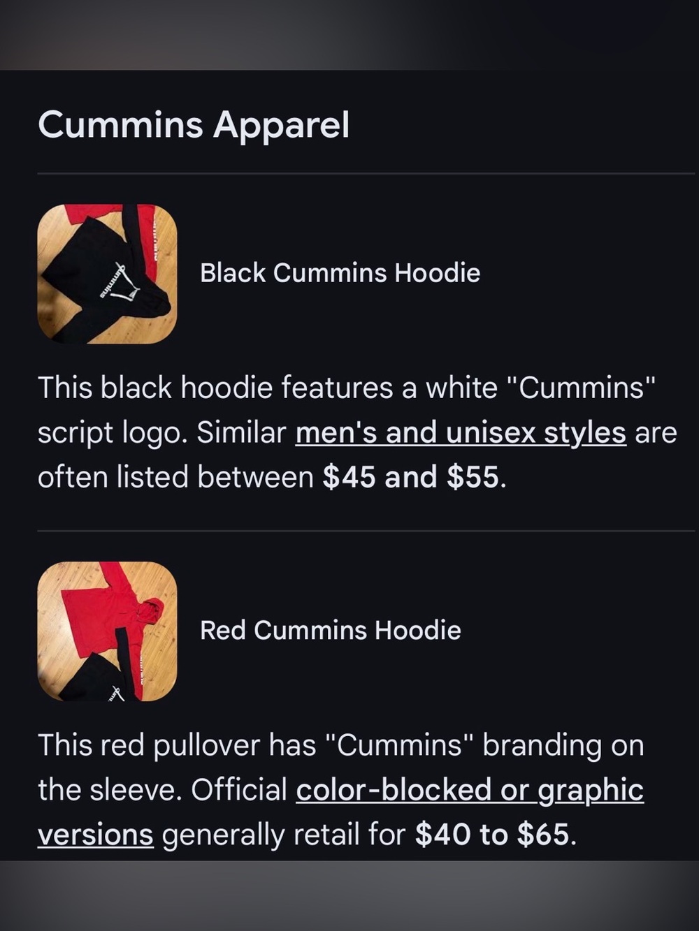 Mr & Mrs Cummins Hoodies. Mens Red & Women’s Black with white Cummins logo.